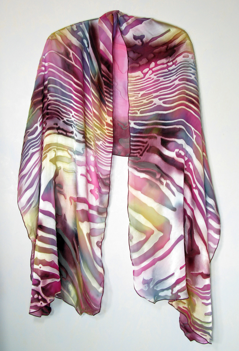 Hand-painted silk/rayon shawl - Hot Pink Waves